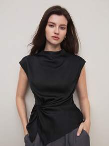 BizChic 女士优雅无袖中式领衬衫，适合春夏季通勤 - 黑色 - 查看 1