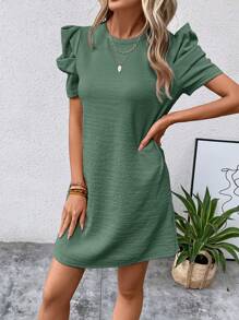 SHEIN Clasi Solid Puff Sleeve Keyhole Back Dress Texture Fabric - Green - View 3