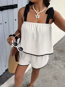 SHEIN Clasi 1 Set Plus Size Women Color Block Twist Shoulder Cami Top And Shorts Two Pieces Casual Set - White - View 3