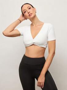 Activina Women V-Neck Twist Back Short Sleeve Solid Color Cropped Back Tee - White - View 3