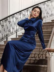 Graceveil 女士长袖连衣裙，纯色缎面，优雅，秋冬朴素