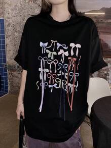 DAZY Camiseta casual de verano con cuello redondo, lazo y estampado, con cordón para mujeres y niñas, camiseta holgada y linda