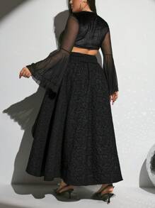 SHEIN ICON Plus Size Black Cinched Waist Front Short Backlong Drawstring Tie Skirt, Flounce Hemline, Retro Palace Punk Style Skirt - Black - View 2