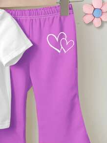 SHEIN Leap Crew Baby Girls Casual Simple Short Sleeve Crew Neck Top And Pants Set, Suitable For Spring & Summer - Purple - View 3