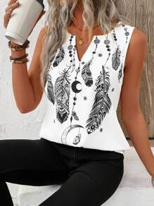 SHEIN LUNE Top sin mangas de verano para mujer, diseño de cuello hueco, estampado digital de plumas, tejido tejido, corte holgado casual, adecuado para el Ramadán y vacaciones
