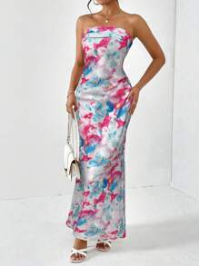 Firerie 扎染花卉印花修身连衣裙，适合度假和约会 - 淺藍色 - 查看 3