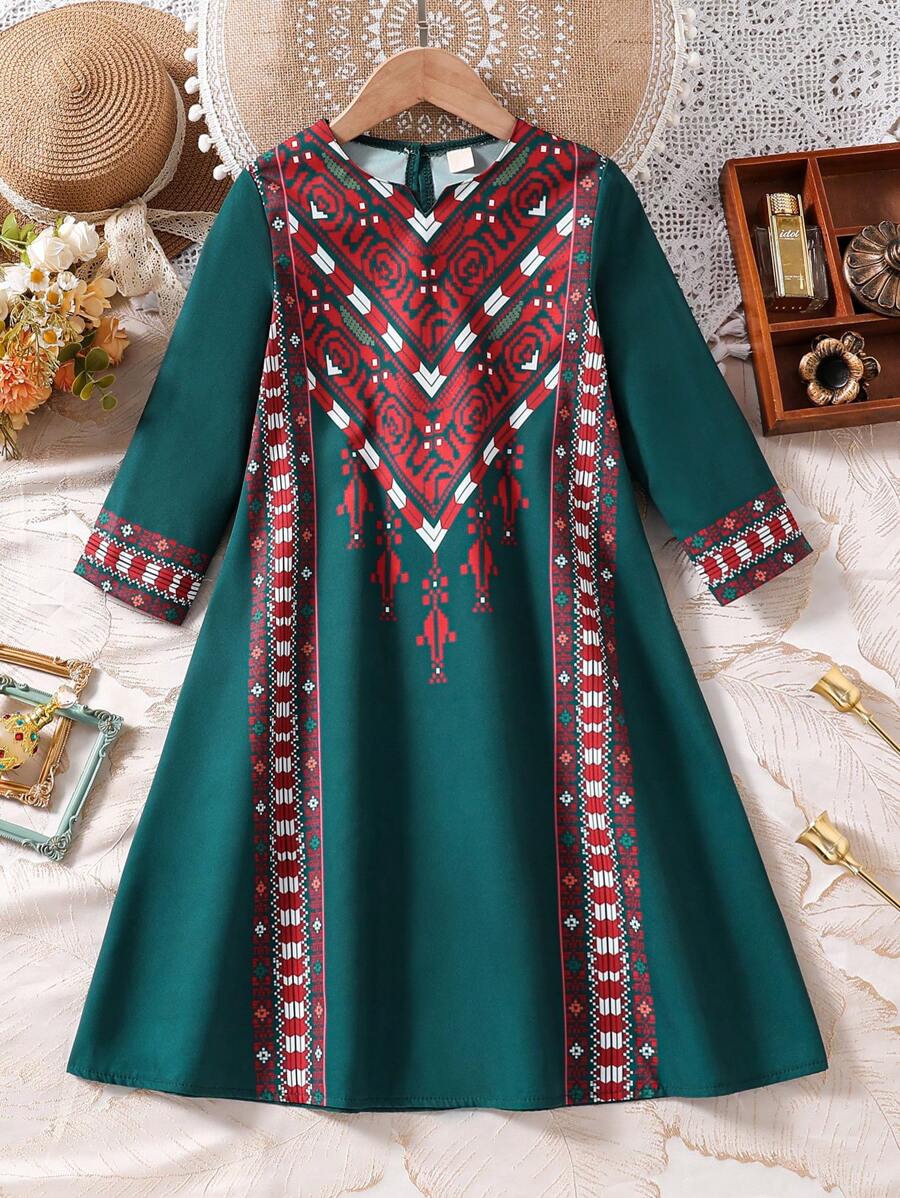Ramadan Young Girls Print Long Sleeve Mid-Length Dress, Suitable For Daily, Festivals, Parties, Chinese New Year Young Girls Dresses - Dark Green - View 1