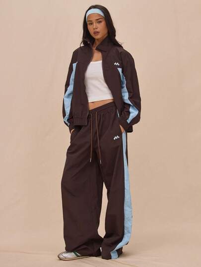 MUSERA Drawstring Waist Nylon Contrast Panel Wide Leg Tracksuit Bottoms Only Airport, Casual The Book Shop      Spring