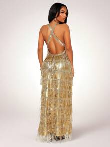 SHEIN SXY 高端派对分层亮片流苏连衣裙，浅金色 - 金色 - 查看 2