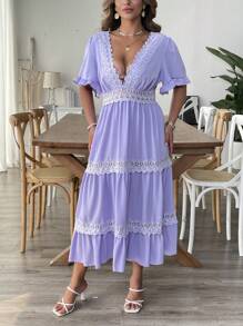 SHEIN Clasi Plus Size Solid Color Deep V-Neck Lace Patchwork Hollow Out Dress For Women, Elegant Women Dress - Mauve Purple - View 5