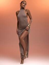 MUSERA Sukienka maxi z wysokim kołnierzem typu racer, lekka, dopasowana, dzianinowa, z głębokim dekoltem na plecach i rozcięciem, seksowna, idealna na wiosnę i lato, wakacje na plaży, eleganckie wakacje, wesele, Ibiza, jesienne wyjście, wesele, elegancki, randka, Boże Narodzenie, jesień, zima