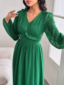 Modelyn Women's High-End Luxurious Chiffon Green Long Sleeve Ruffle Hem Dress - Green - View 3