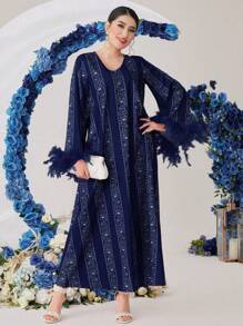 Al Najma Women's Pattern Patchwork Fluffy Cuff Loose Arabic Style Dress - Navy Blue - View 7