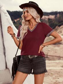 LanaWest Damen Patchwork Geometrisch Träger V-Ausschnitt Kurzarm Lässig T-Shirt