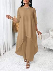 SHEIN Lady Spring And Summer Autumn And Winter Elegant Woven Round Neck Flowy Asymmetrical Midi Three Quarter Length Sleeve Plus Size Top And Pants Set - Khaki - View 1