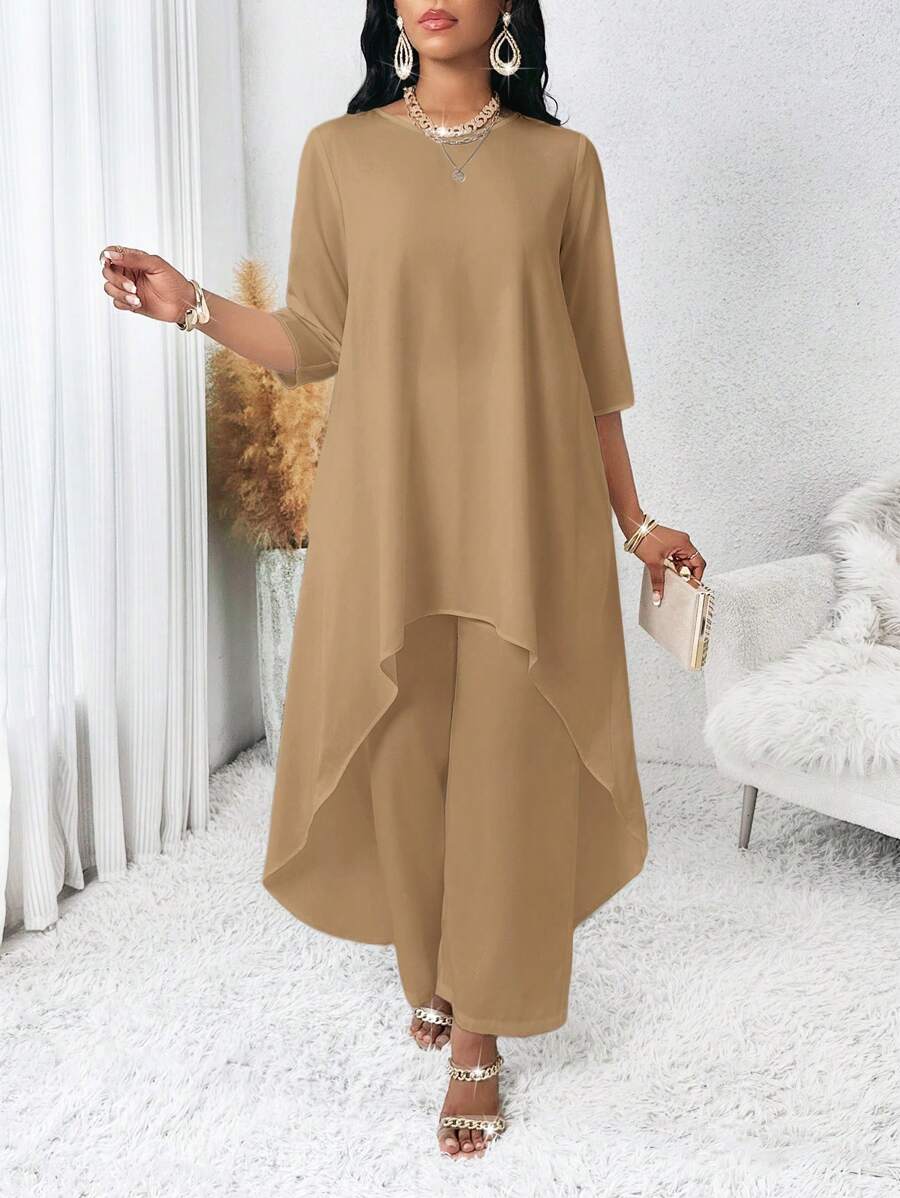 SHEIN Lady Spring And Summer Autumn And Winter Elegant Woven Round Neck Flowy Asymmetrical Midi Three Quarter Length Sleeve Plus Size Top And Pants Set - Khaki - View 1
