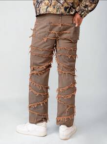 PAVTROS Manfinity Streetrush Men's Brown Denim Jeans With Fringe Patches & Horseshoe Graphic - Brown - View 2
