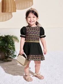 SHEIN Babygirl 可爱几何印花短袖上衣和迷你裙套装，夏日度假 - 黑色 - 查看 6