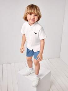 SHEIN Leap Crew 2pcs/Set Toddler Boy Plain Short Sleeve Shirt And Shorts Set, Simple And Fashionable, Suitable For Summer
