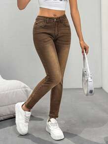 SHEIN Essnce Women's Slim Fit Casual Everyday Jean Pants With Pockets - Coffee Brown - View 1