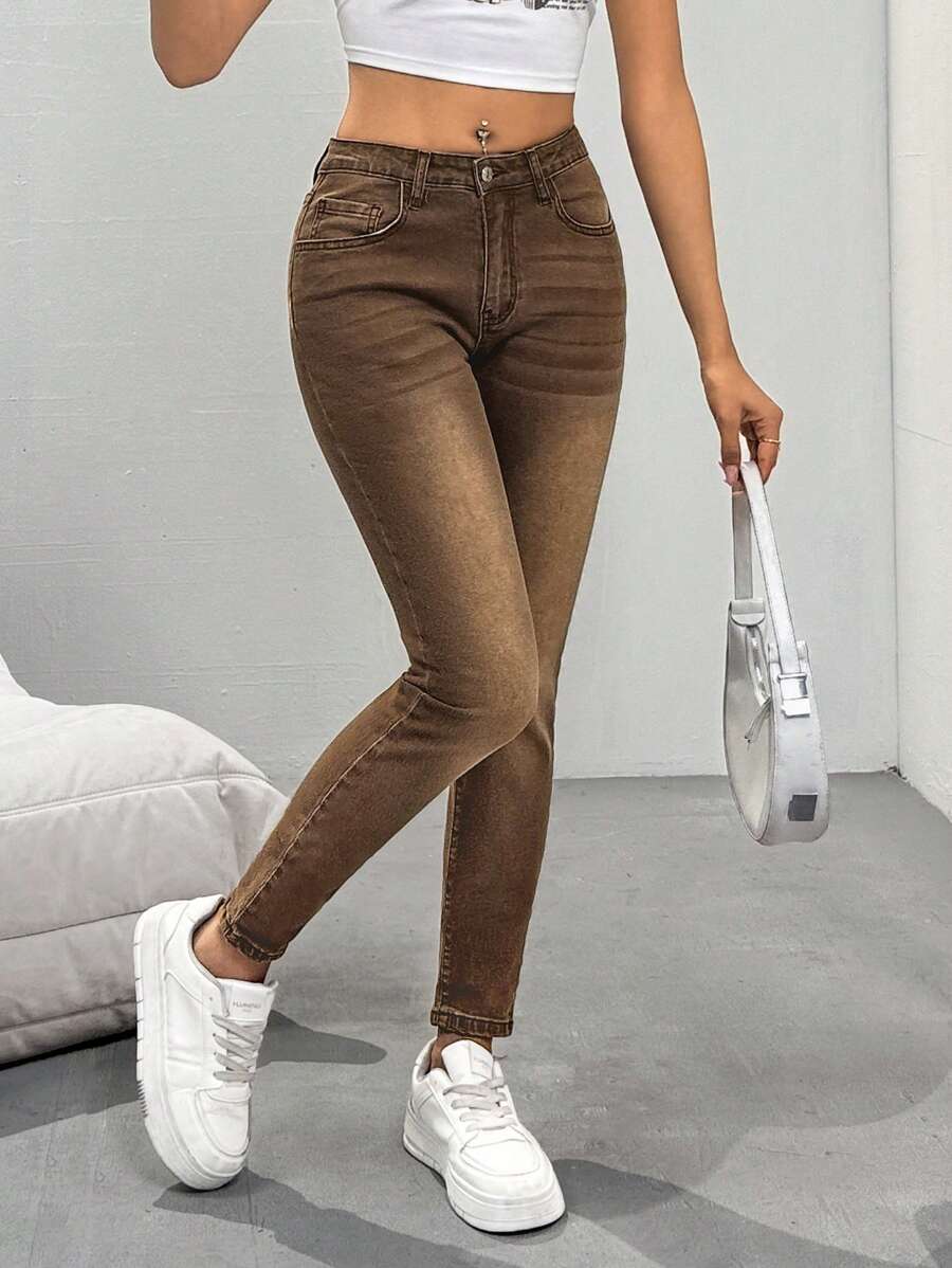 SHEIN Essnce Women's Slim Fit Casual Everyday Jean Pants With Pockets - Coffee Brown - View 1