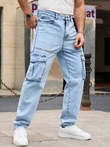 Manfinity Homme Men's Casual Washed Blue Slim-Fit Cargo Denim Jeans - Light Wash - View 1