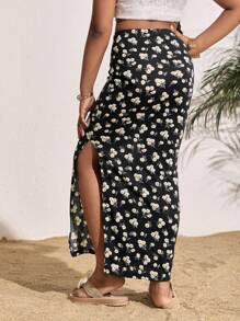 SHEIN 青少年女孩时尚休闲度假黑白碎花松紧腰半身裙