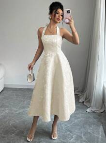 SHEIN Clasi 浪漫提花系带腰部喇叭下摆连衣裙 - 杏色 - 查看 5