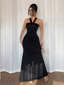 SHEIN Unity 女式串珠美人鱼尾巴喇叭下摆长裙 - 黑色 - 查看 6