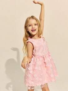 SHEIN 年轻女孩优雅无袖粉色网眼亮片装饰圆领连衣裙，春夏 - 粉色 - 查看 6