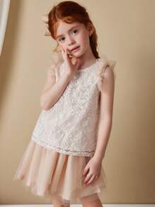 Blossori Young Girls French-Style Elegant White Organza Embroidered Blouse And Mesh Skirt 2 Pieces Set, Spring/Summer - Pink - View 1