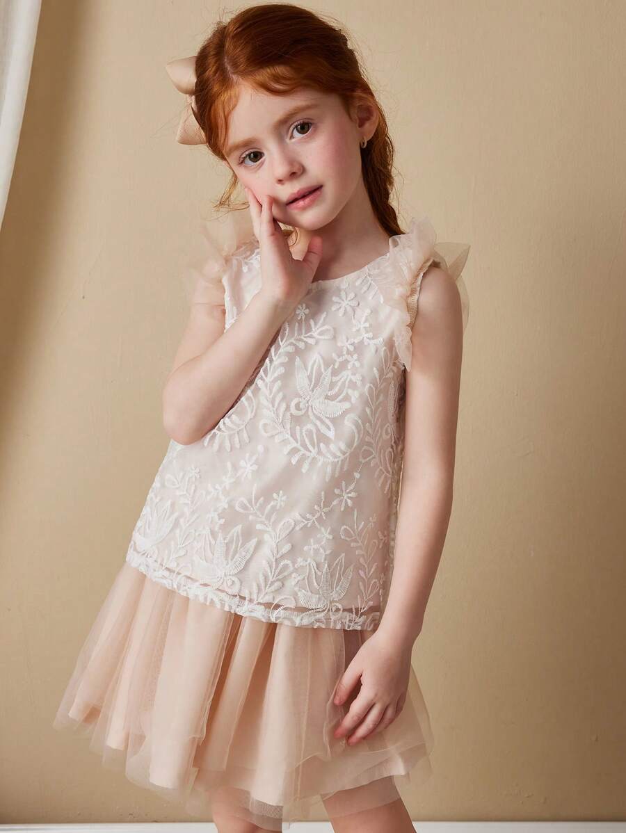 Blossori Young Girls French-Style Elegant White Organza Embroidered Blouse And Mesh Skirt 2 Pieces Set, Spring/Summer - Pink - View 1