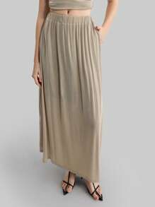 Ontre Chân váy trơn màu tối giản thanh lịch khi đi làm - Màu Khaki - Xem 4