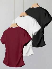 3-Piece Tween Girls Casual Plain Cinched Waist Short Sleeve T-Shirt Tops Set