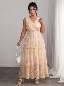 SHEIN Clasi Plus Size Women Foil Polka Dot Contrast Lace V Neck Sleeveless Dress - Apricot - View 6