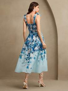 Anewsta Light Blue Floral Summer Elegant Garden Party Holiday,Women Floral Print Tied V-Neck Waist Flare Long Dress,Stylish Festival Vacation Sun Dresses - Blue - View 3