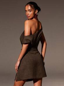 Athîral Summer Fashionable Solid Color Asymmetric Neck Side Split Mini Dress - Coffee Brown - View 1