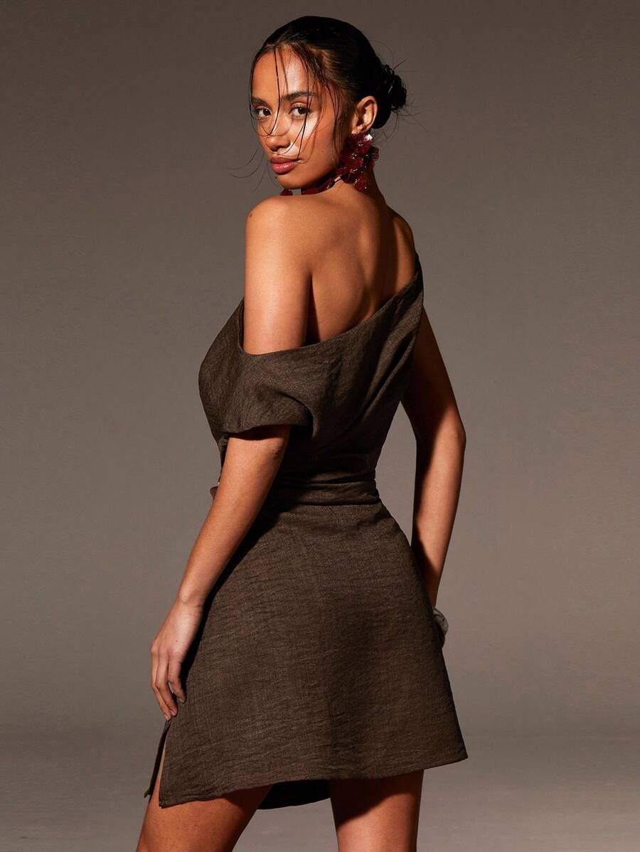 Athîral Summer Fashionable Solid Color Asymmetric Neck Side Split Mini Dress - Coffee Brown - View 1