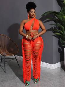 Slaydiva 2025 New Arrival Holiday Vacation Simple Hollow Out Solid Color Tie Front Top + Tassel High Waist Pants Knit 2Pcs Suit For Women, Spring/Summer - Orange - View 10