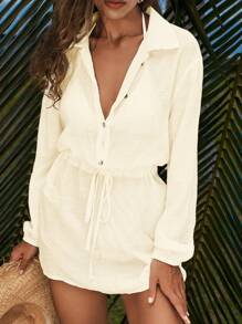 Swim Vcay 夏季服装女式优雅休闲套头衫、纽扣系带灯笼袖罩衫和简约轻便短款沙滩裙，适合海滩度假 - 杏色 - 查看 4