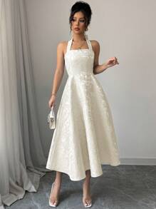 SHEIN Clasi 浪漫提花系带腰部喇叭下摆连衣裙 - 杏色 - 查看 6