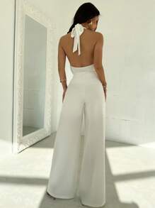 Firerie Women's Elegant Simple Precise Romantic Sweet Sexy Commute Office Wedding Guest Vacation Party Music Festival Halter Backless Sleeveless Blouse And High Waist Bow Wide Leg Straight Pants White Suit, Spring/Summer - White - View 9