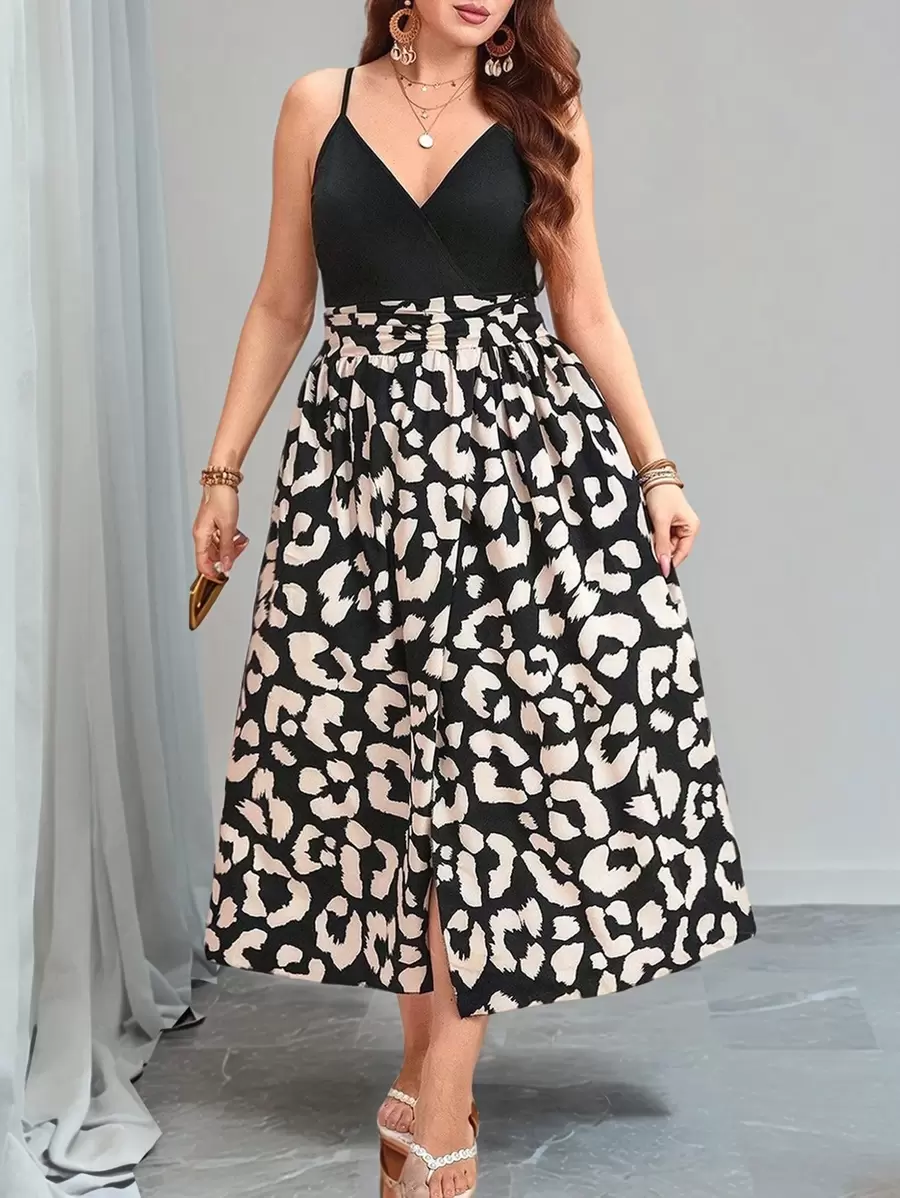 SHEIN Clasi Plus Size Contrasting Fabric Splicing Black & Beige Leopard Print High Slit Waist Ruched Slip Dress