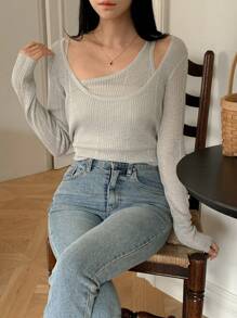 DAZY 2pcs/Set Women Asymmetrical Design Camisole And Sweater, Girlish Look Fall - Light Grey - View 3