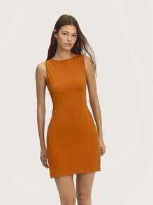 SHEIN Unity Mini Dress Slevee Less Square Neckline. Cut Out Waist Detail With Gold Rings On The Side. Perfect For Spring Summer Nights - Beige - View 4