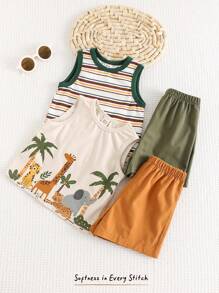 Cozy Pixies 4pcs Baby Boy Cartoon Animal Print Soft Knitted Crew Neck Sleeveless Tank Top & Elastic Waist Shorts Set