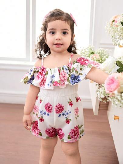 SHEIN 女婴可爱夏季度假花卉图案荷叶边连体衣