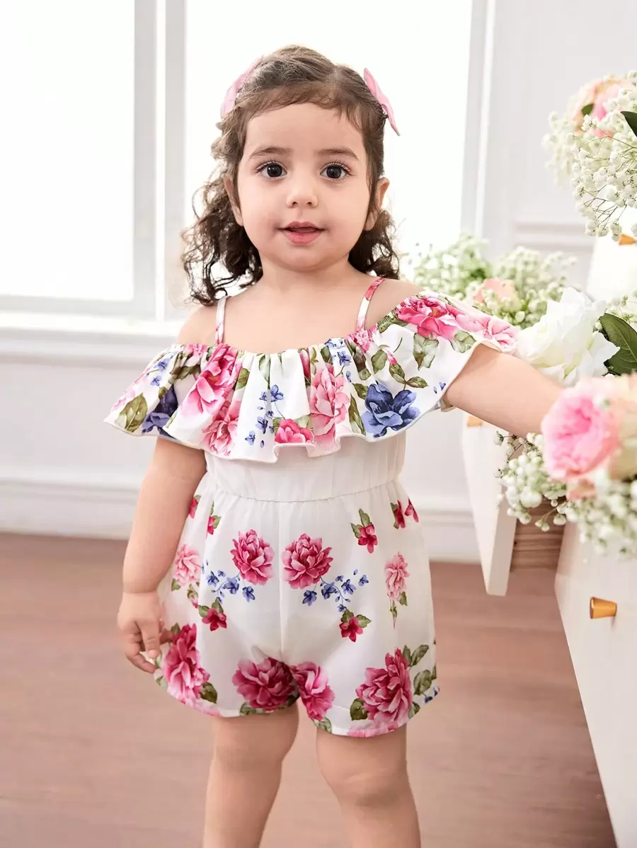 SHEIN 女婴可爱夏季度假花卉图案荷叶边连体衣