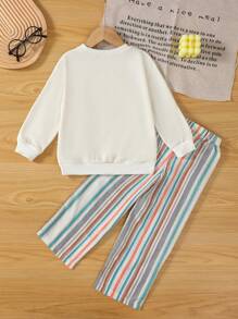 SHEIN Set de 2 piezas de camiseta casual con estampado de luna y rayas y pantalones vaqueros para niños, estilo lindo/retro, adecuado para primavera/verano