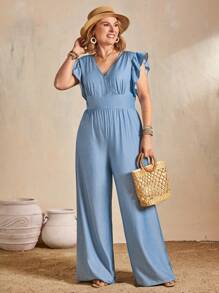 EMERY ROSE Elegant Casual Commuting Vacation V-Neck Ruffle Hem Denim Effect Jumpsuit